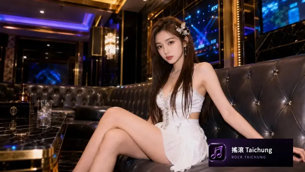台中傳播.搖滾娛樂台中傳播女孩白色洋裝於霓虹KTV包廂沙發照片